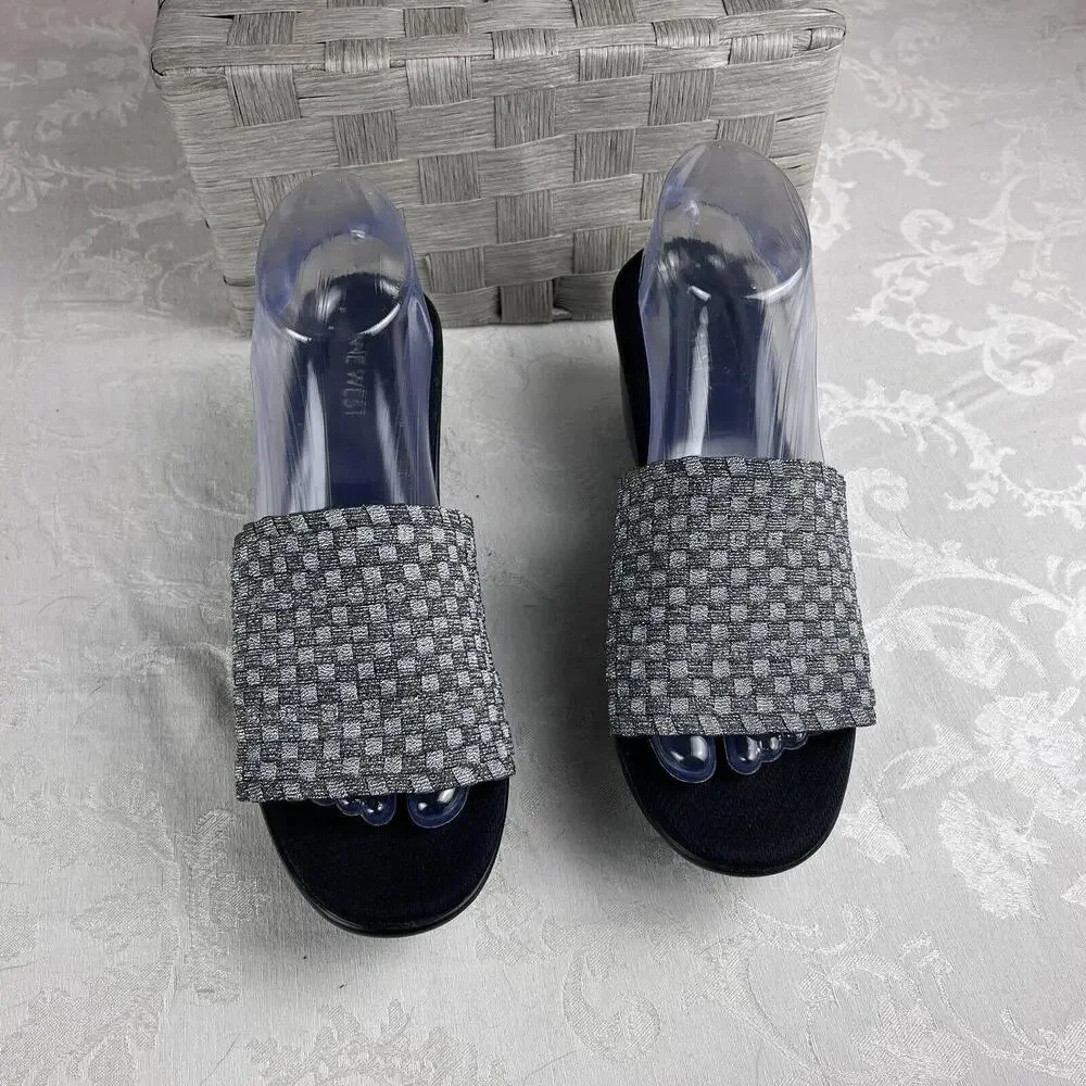 Nine West Womens Shoes Size 8.5 Silver Metaalic Textile Fabric Slide Wedge Heel - Picture 3 of 13